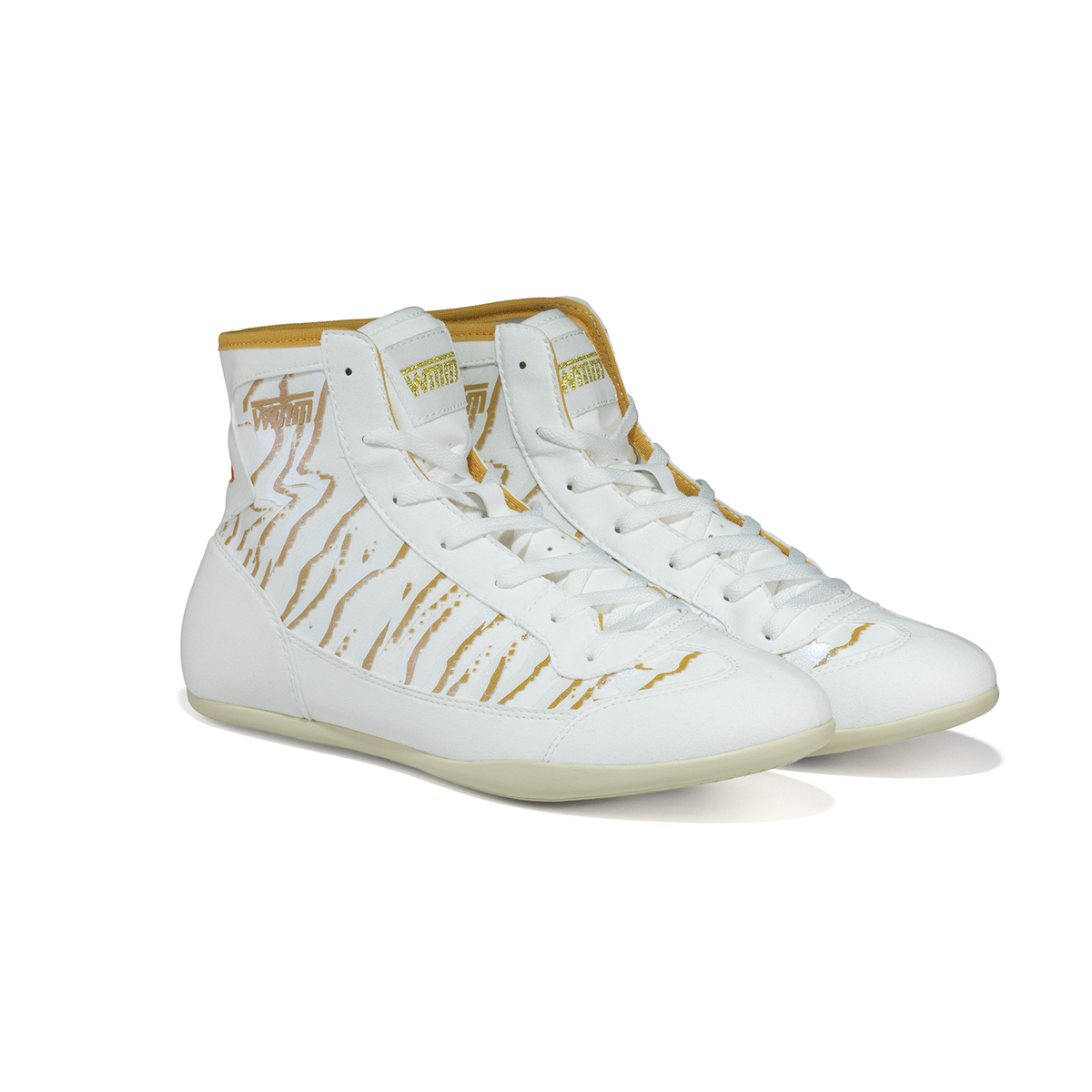 WMM Gold Tiger wrestling shoes, angled pair